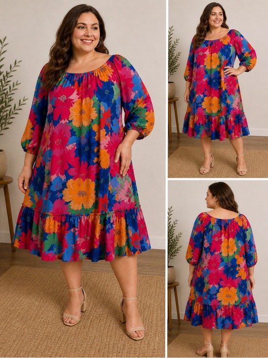 Dresses & Skirts - Plus Size Floral Ruffle-Hem Midi Dress - Vibrant Multi PTP 74 cm